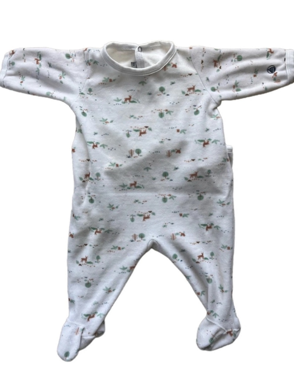 Petit Bateau White Footed Pajama Set with Green and Brown Forest Motif